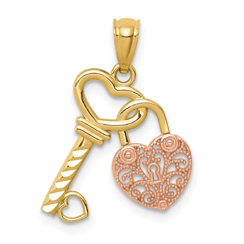 14KT Yellow and Rose Gold Filigree Heart Lock and Key Pendant. Chain Not Included