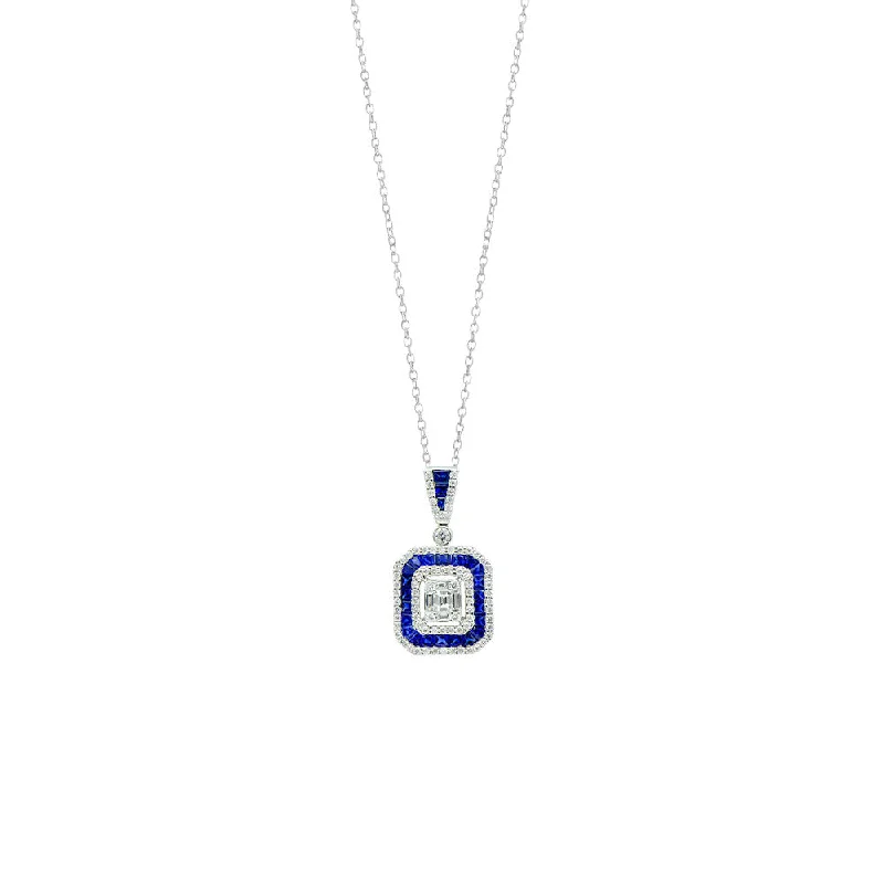 18 Karat White Gold Illusion Set Pendant with Diamonds and Sapphires