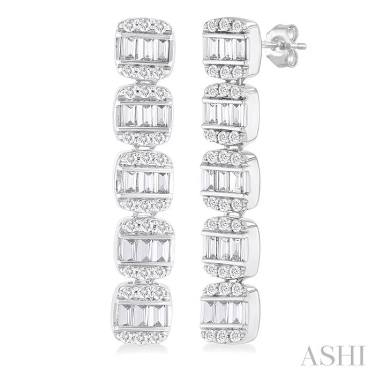 1/2 ctw Fusion Baguette and Single Cut Diamond Long Fashion Earrings in 14K White Gold