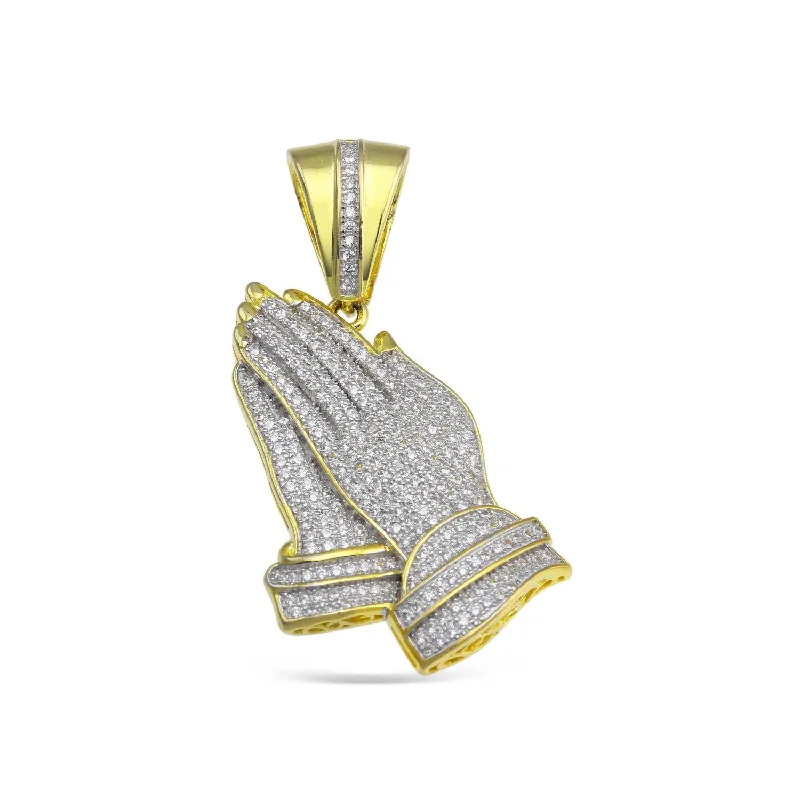 Luxe Layers 14KT Yellow Gold Plated Sterling Silver Cubic Zirconia 46X24MM Religious Praying Hand Pendant. Chain Not Included