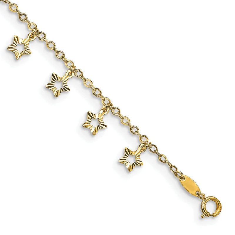 14k Gold Polished & Textured Star 9in Plus 1in ext. Anklet