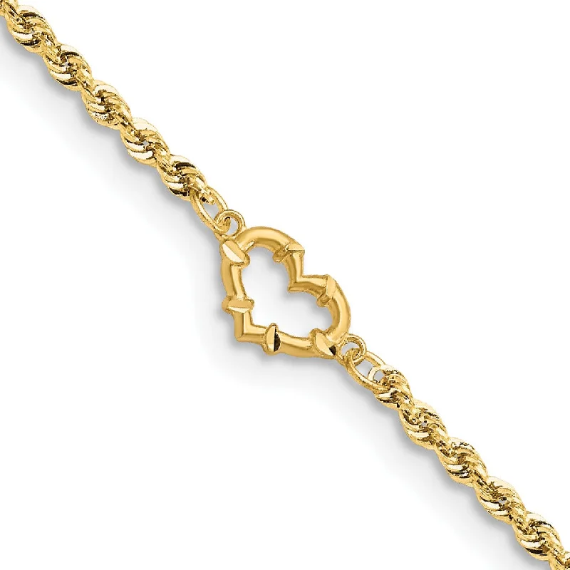 14KT Yellow Gold 10-inch 2MM Diamond-cut Lobster Clasp Rope Heart Anklet