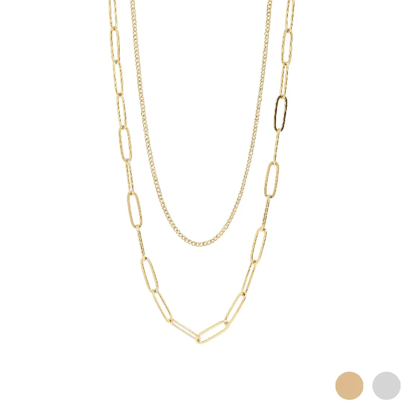 18K Gold PVD Stainless Steel Dainty Curb and Paperclip Layered Chain Necklace / CHN0019