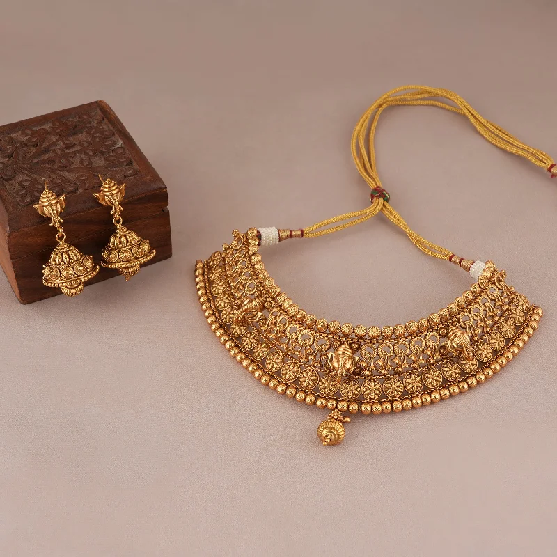 Auspicous antique gold Ganesh Maharaaj necklace set I Temple Jewellery