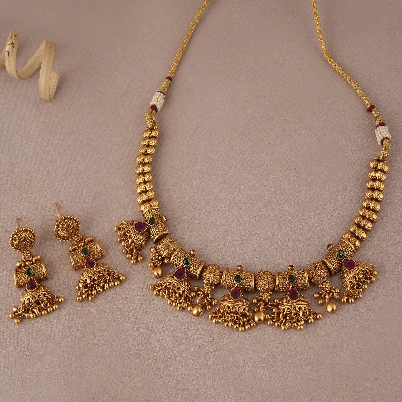 Cute antique gold stone balls necklace set with earring