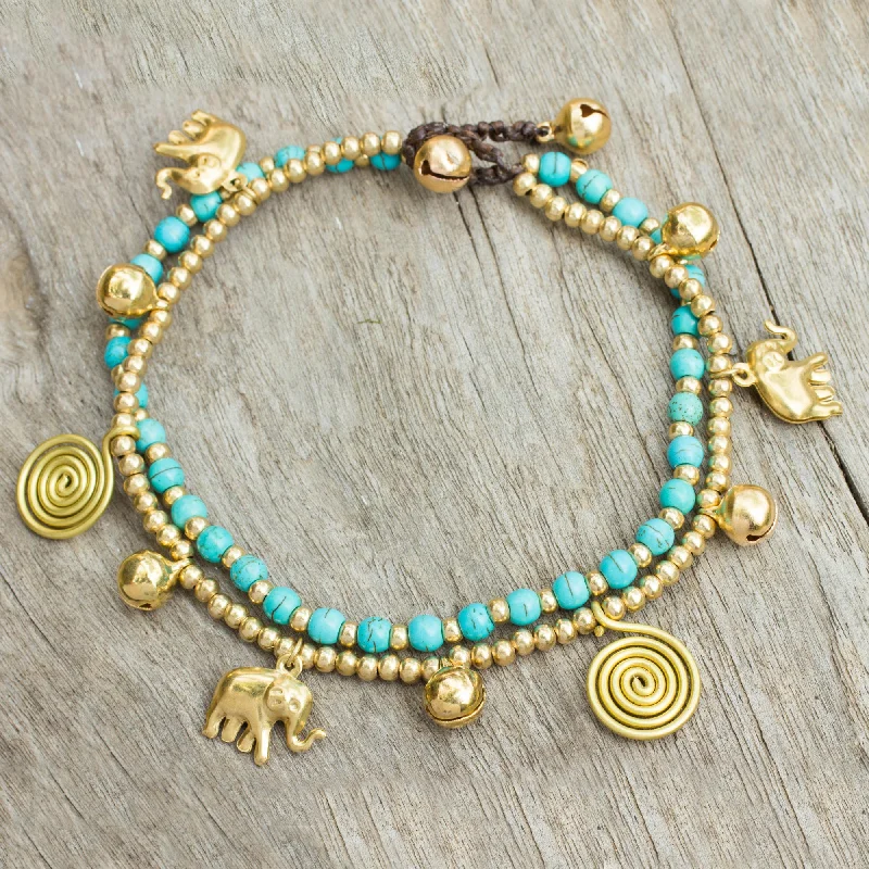 Elephant Bells Calcite Bell Anklet with Brass Beads and Charms