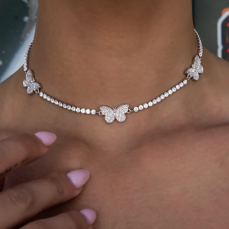 Micro Tennis Butterfly Necklace in White Gold