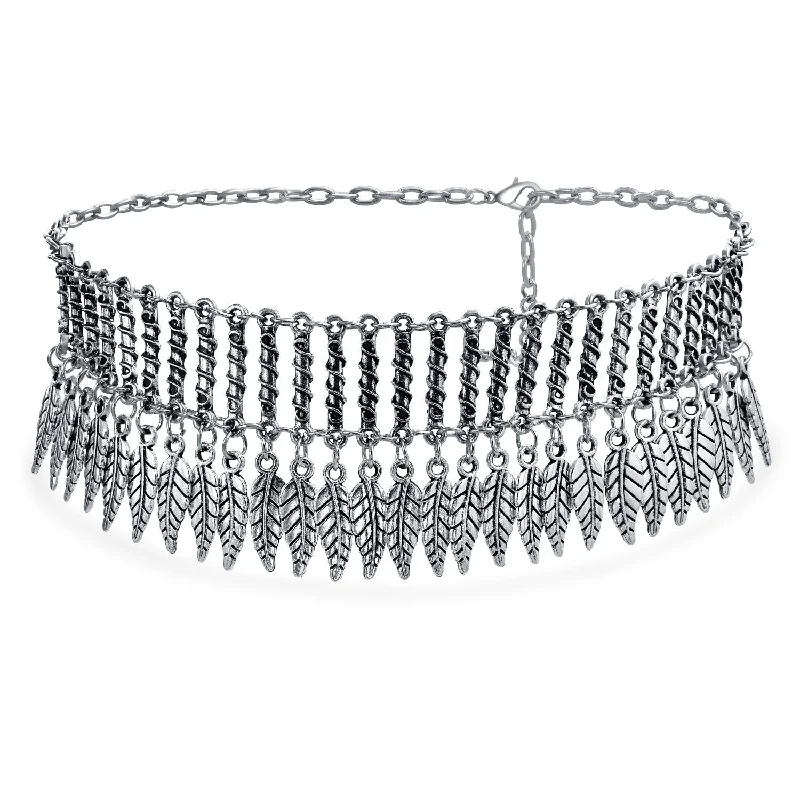 Native American Style Feather Choker Necklace in Oxidized Silver Plated Finish