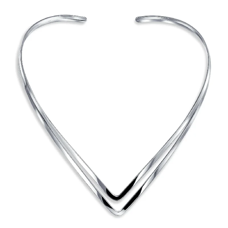 Simple Double V Shape Geometric Choker Necklace Sterling Silver Statement Collar