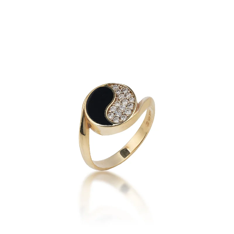 Yin Yang Black Coral Ring in Gold with Diamonds - 12mm