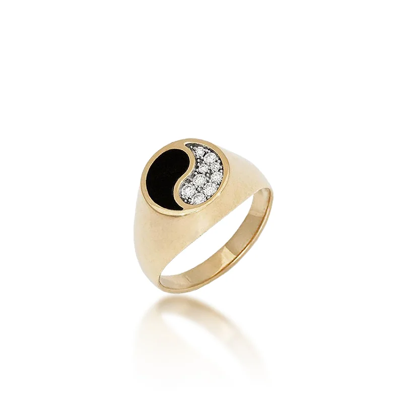 Yin Yang Black Coral Ring in Gold with Diamonds - 13mm