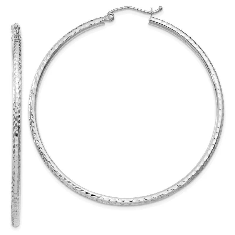 14KT White Gold 50X2MM Diamond-cut Hoop Earrings