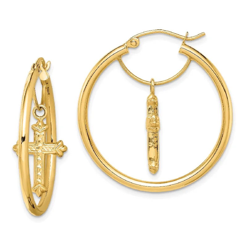 14KT Yellow Gold Diamond-cut Cross Hoop Earrings