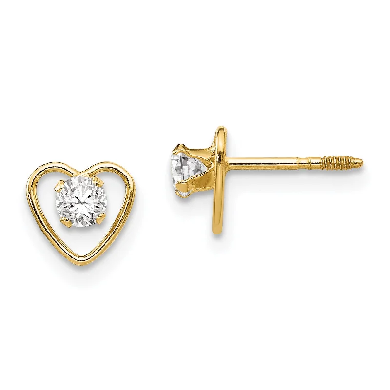 14KT Yellow Gold Round Zircon 6MM Heart Childrens Birthstone Stud Earrings