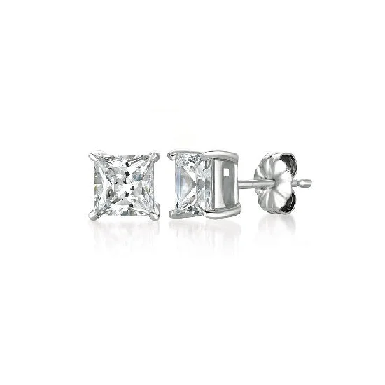 Crislu Platinum Plated Sterling Silver Princess Cut Cubic Zirconia Solitaire Stud Earrings