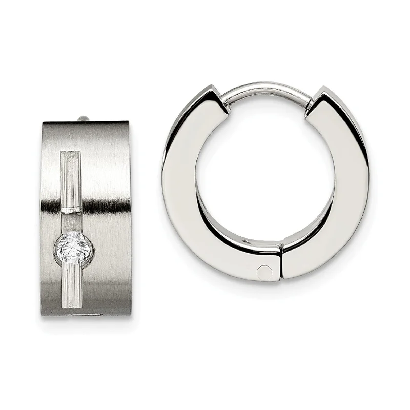 Stainless Steel CZ Brushed & Polished Round Hinged Hoop Earrings