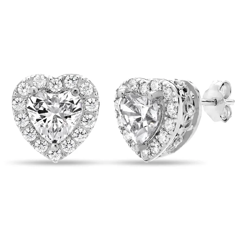 Sterling Silver 6MM Heart Shape Cubic Zirconia Halo Stud Earrings