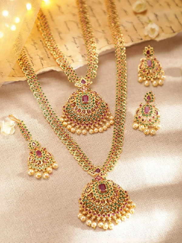 Rubans 24K Gold Plated Layered Necklace Set With Studded Green & Pink AD