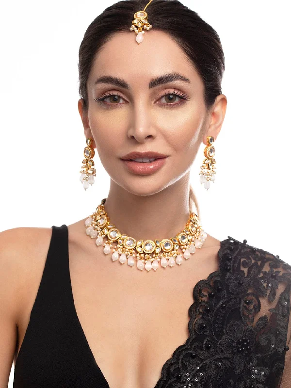 Rubans Gold Plated Kundan Necklace Set With Off White Colour Beads