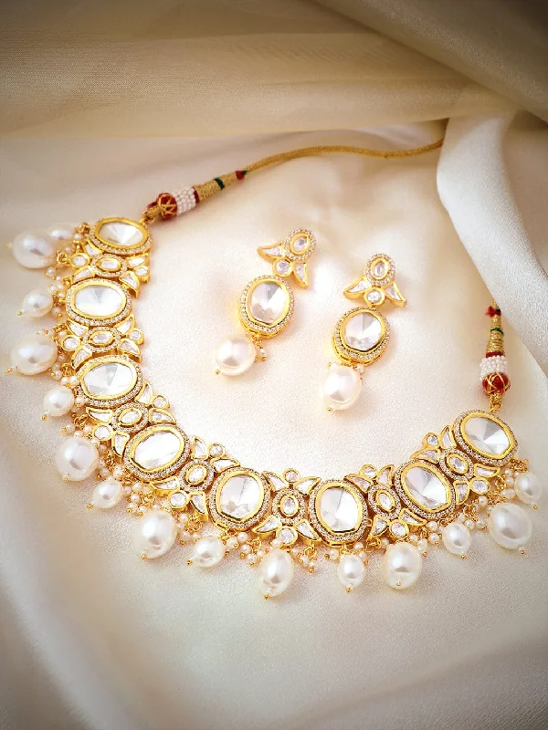 Rubans Gold Plated Polki Necklace Set with Pearl