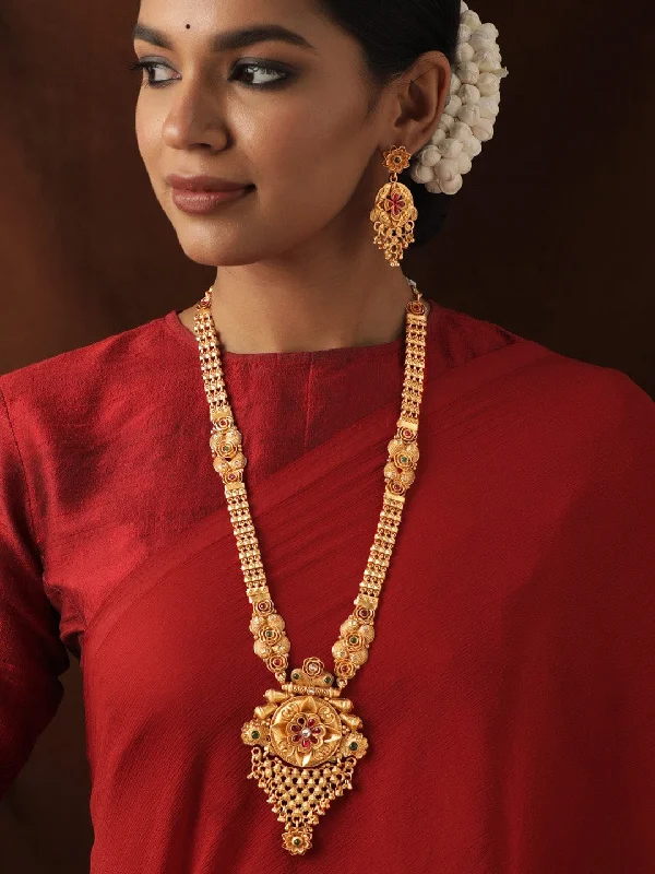 Rubans Gold-Toned Long Necklace Set with Ravishing Red and Green Stones