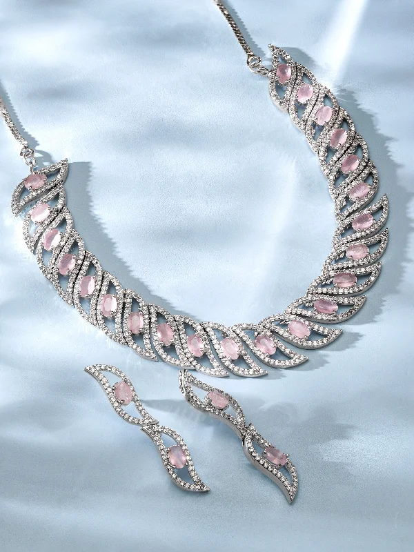 Rubans Rhodium Plated Premium Pink Zircons Studded Necklace Set