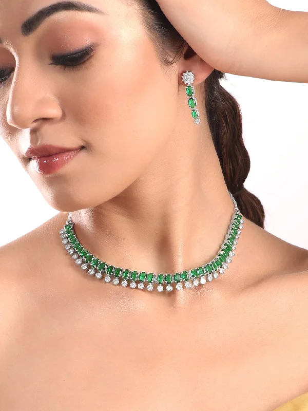 Rubans Rhodium Plated Premium White & Emerald Zircons Necklace Set