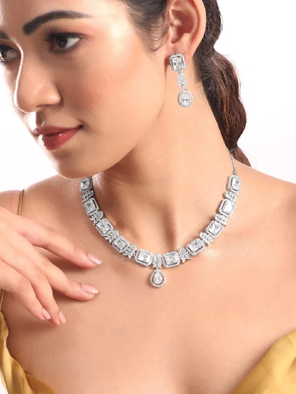 Rubans Rhodium Plated Zirconia Studded Party Wear Necklace Set